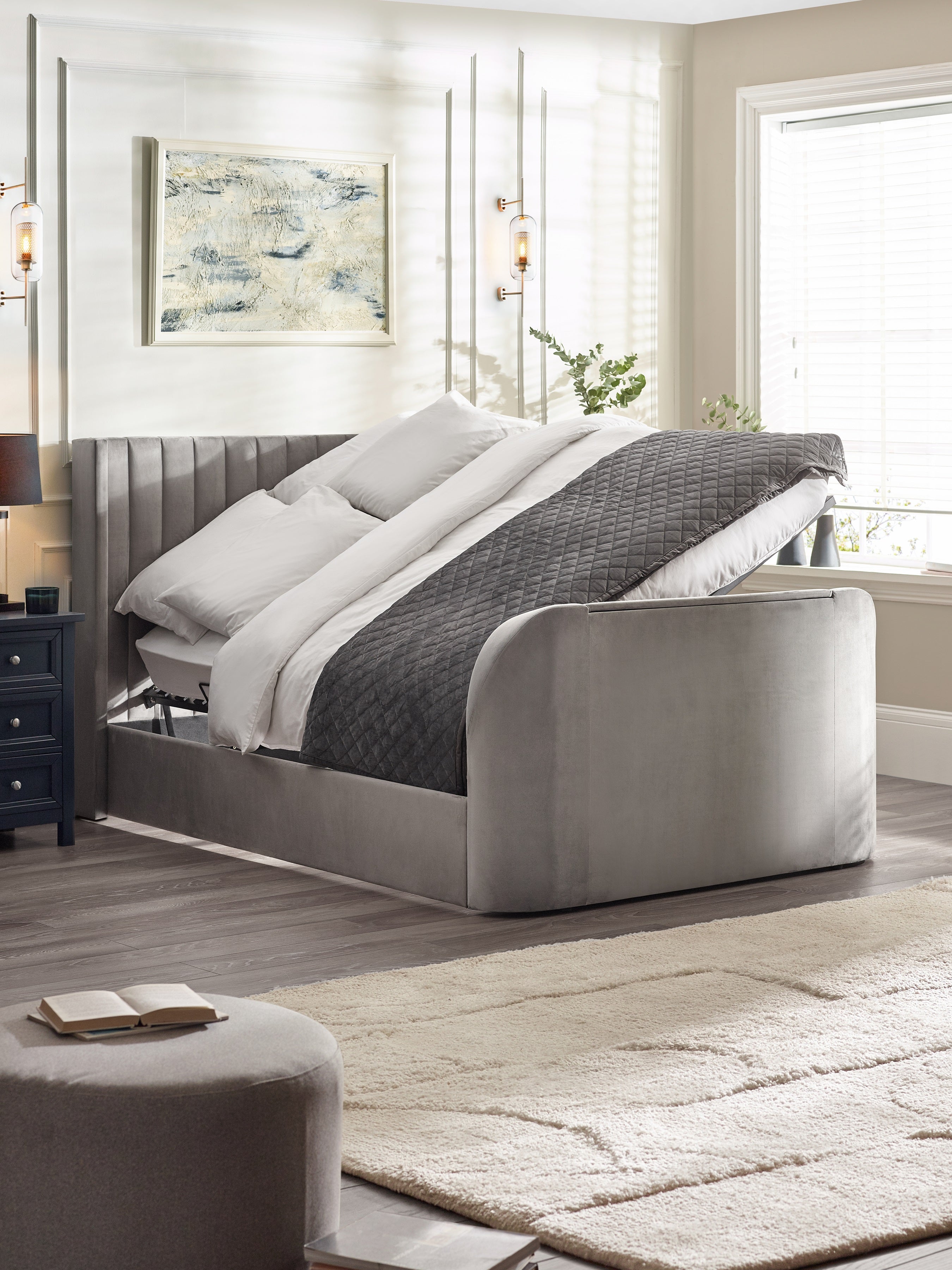 Alston Light Grey Velvet Ottoman TV Bed Double
